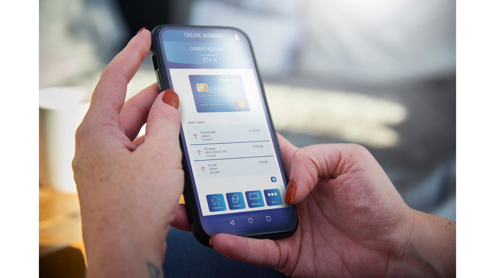 Woman using her mobile banking app at home