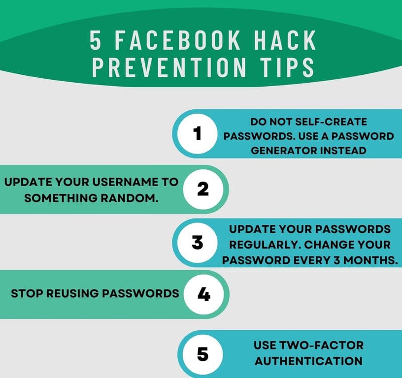 Infographic of 5 Facebook hack prevention tips. 