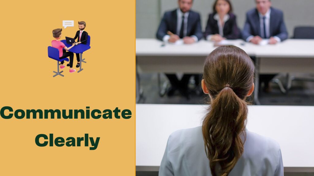 A woman sitting across three interviewers, she is being asked questions and she has to communicate clearly