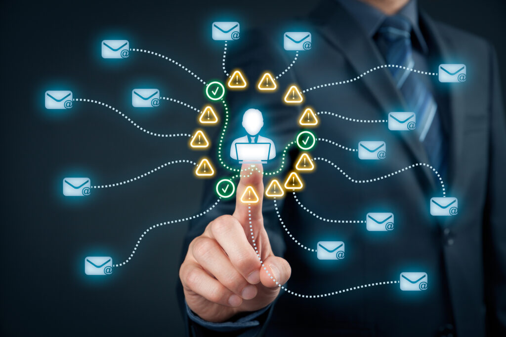 Concept art businessman touching virtual message spam and phishing alerts