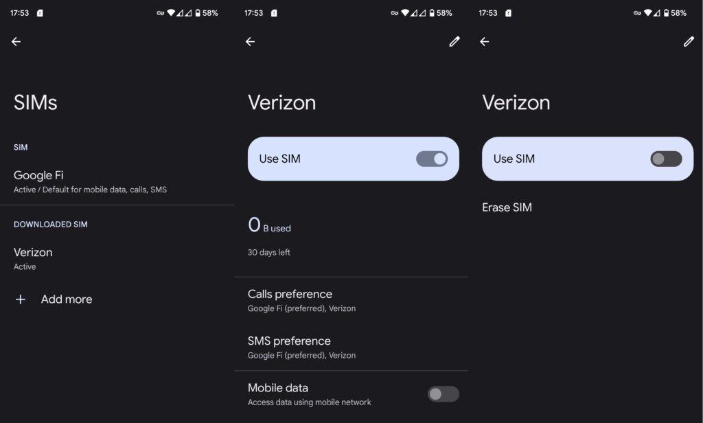 Screenshot of steps to remove downloaded SIM settings from Android while converting from eSIM to physical SIM