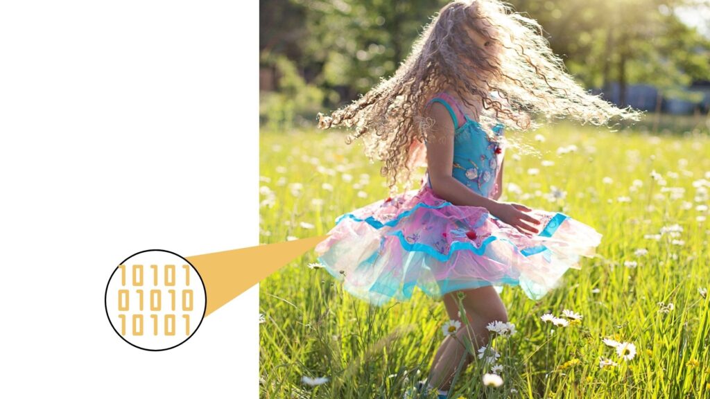 message hidden in a picture of a young girl with blond hair dancing in the field with sunflowers