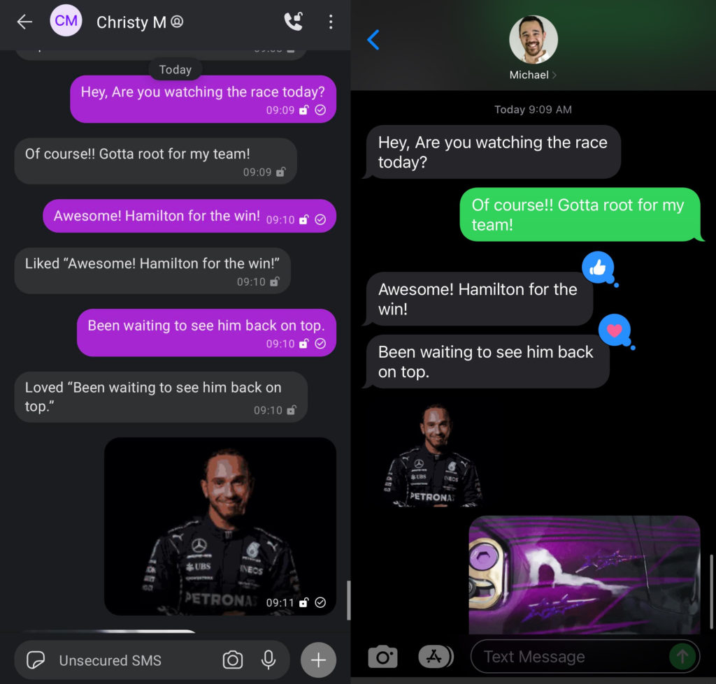 Screenshot of SMS conversation showing liked text message between iMessage and Signal Messenger