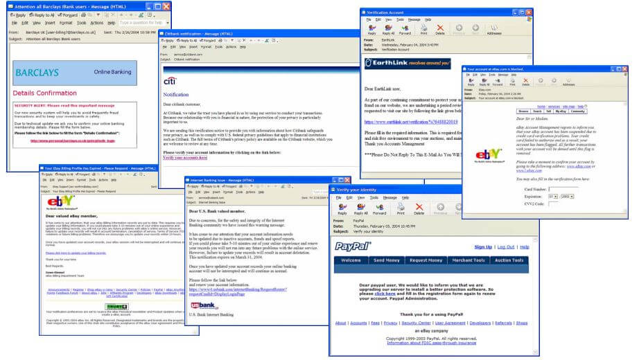 List of more than five emails that spoof a reputable company to try to get information from users. They are phishing email