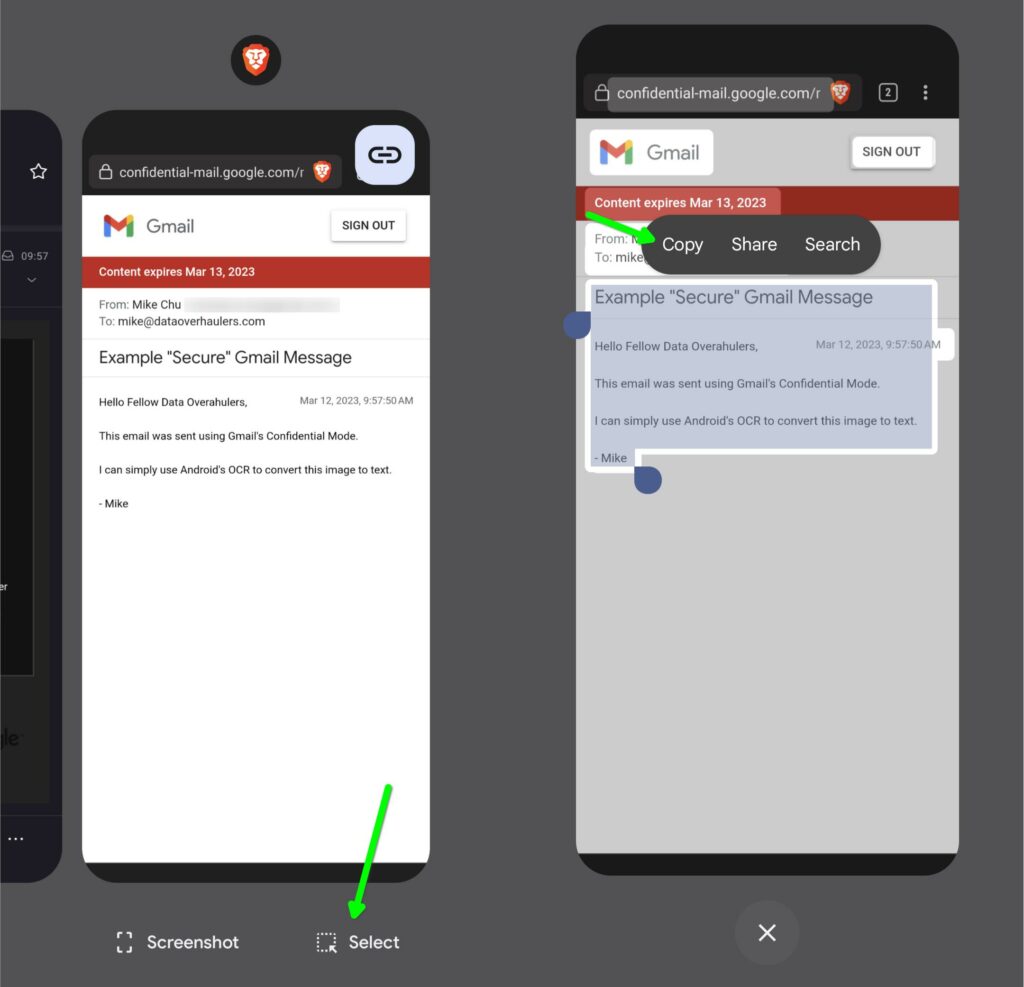 Two screenshots of a Gmail Confidential Mode email being read through OCR on Android's Recent Apps menu.