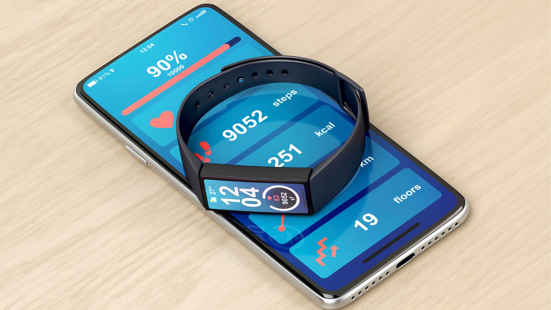 smartphone and fitness tracker on a wooden desk. The screen of both devices show the biometric data the fitness tracker collected