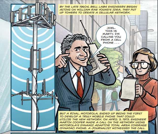 A cartoon of Martin Cooper making the world's first cellular phone call from a street in New York City to his rival at Bell Labs, Joel Engel.