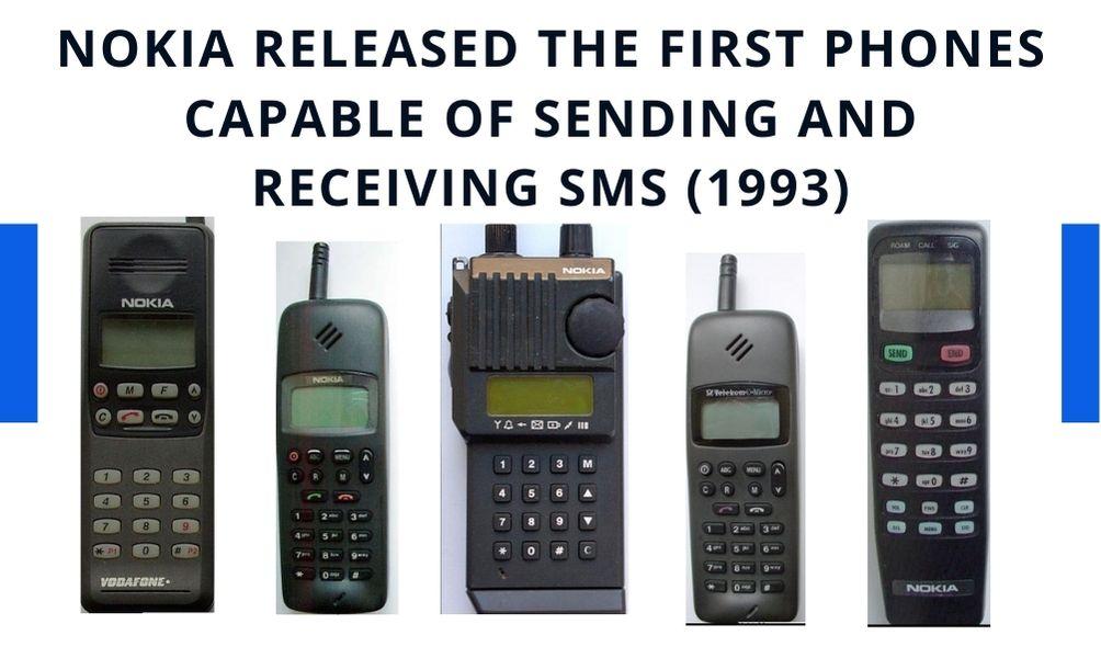 A range of old Nokia cell phones.